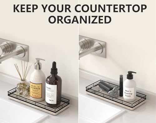 Bathroom Tray for Counter Top Organizer – Ash Wood Vanity Tray with Metal Frame for Dresser, Kitchen, Nightstand – Black & Whitewashed Decorative Storage - color: Black & Whitewashed, size: 11" x 4.5" x 1.5"