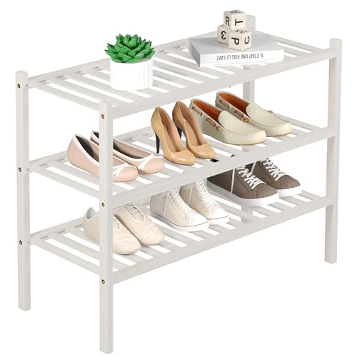 ROMGUAR CRAFT 3 Tier Bamboo Shoe Rack for Closet Free Standing Wood Shoe Shelf Storage Organizer for Entryway Small Space Stackable 27"x11"x20" (White) - color: White, size: 3 Tier