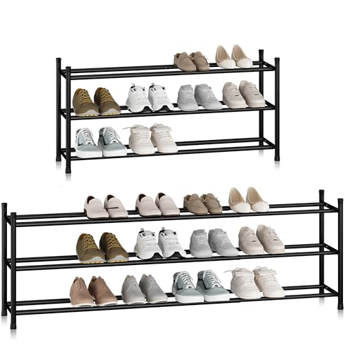 STORAGE MANIAC Long Expandable Shoe Rack, 18 Pairs Metal Wide Stackable Shoe Rack, Adjustable Shoes Shelf, Freestanding Shoes Organizer for Closet, Entryway, Hallway, Garage, Front Door, 3 Tiers - size: 3-tier
