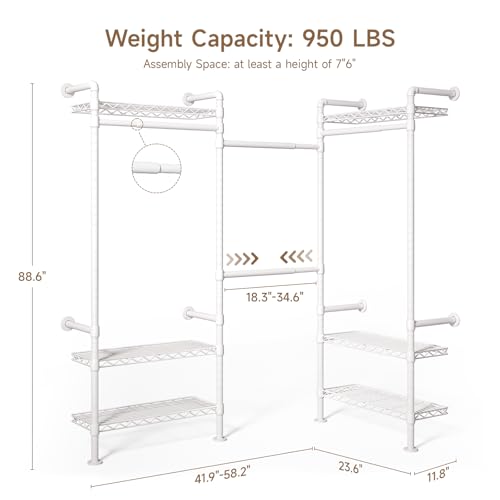 Wall Mounted Garment Rack, Walk-in Closet System with Expandable Rods, Adjustable Shelves, Industrial Pipe Clothing Racks, Hanging Clothes Organizers and Storage, Metal Closet Shelving Wardrobe - color: White