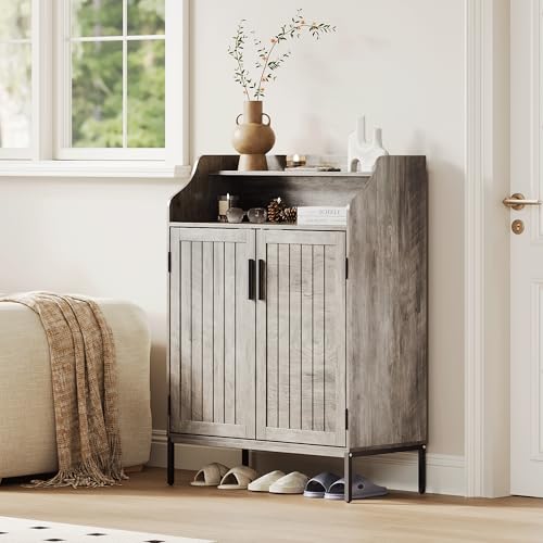 Patikuin Shoe Storage Cabinet for Entryway, 5-Tier Gray Shoes Cabinet w/Doors and 3 Adjustable Shelves, 41" Tall Wood Shoe Rack for Closet, Modern Shoes Organizer for Entryway, Hallway, Living Room - color: Grey