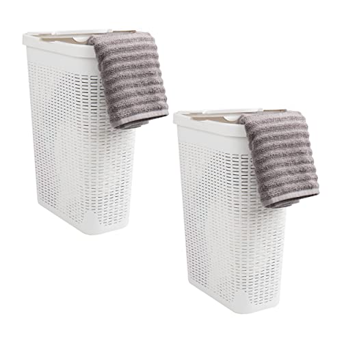 Mind Reader Slim Laundry Hamper with Lid, 40L Clothes Basket, Narrow Tapered Design with Ventilated Cutout Pattern, Plastic, Set of 2, White - color: White, size: Set of 2