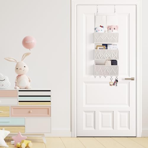 ANTIS'S HOME Over The Door Organizer Boho Bedroom Decor Nursery Storage with 3 Large Woven Pockets, Macrame Nursery Organizers and Toys Storage, Behind Door for Bathroom, Beige Back of Door Organizer - size: Beige-3 Pockets