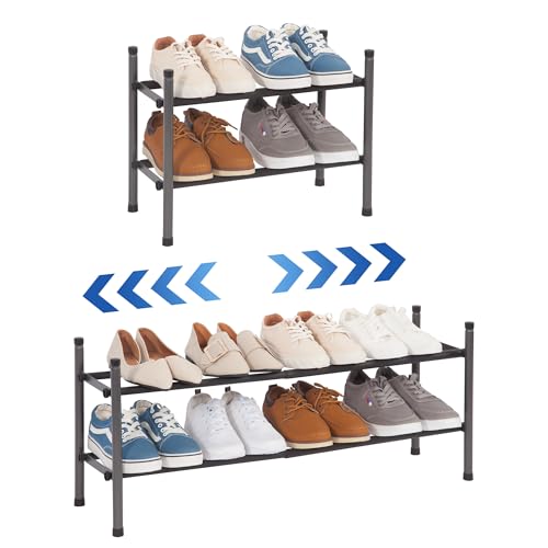 STORAGE MANIAC Expandable Shoe Rack, 8 Pairs Stackable Small Shoe Rack, Metal Adjustable Shoes Organizer for Closet, Entryway, Hallway, Garage, Front Door, Shoes Shelves, Black 2 Tier - color: Black, size: 2 Tier