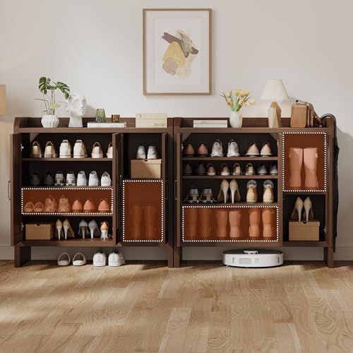 Mericonia Rattan Shoe Storage Cabinet, Farmhouse Shoe Cabinets Storage for Entryway, Boho Wooden Shoe Rack with 3 Doors for Entryway, Hallway (Walnut, 3 Door) - color: Walnut, size: 3 Door