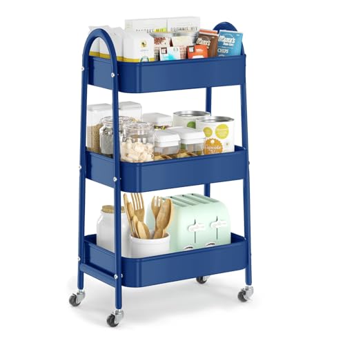 EAGMAK 3 Tier Utility Rolling Cart, Metal Storage Cart with Handle and Lockable Wheels, Multifunctional Storage Organizer Trolley with Mesh Baskets for Kitchen, Living Room, Office, Garage (Indigo) - color: Indigo Blue, size: Normal