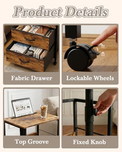 Faesun Swivel Lift Top Nightstand with Charging Station, Rolling Side Table for Recliner, Bedside Table with Wheels & 2 Fabric Drawers, for Small Spaces, for Bedroom, Living Room, Brown - color: Brown, size: 2 Drawers