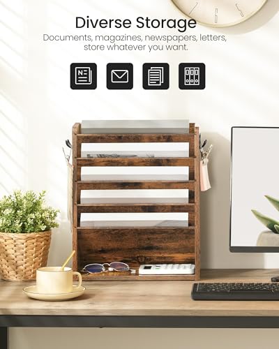 CHOEZON Wall File Organizer, 6-Tier Vertical Mount Hanging Holder with 2 Side Hooks, Vintage Wooden Magazine Storage Crate with Bottom Flat Tray, Desk Organizer, for Office, Home, Rustic Brown MWJ01FG - color: Rustic Brown, size: 6-Tier