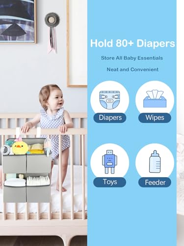 Hanging Diaper Organizer for Crib/Playard/Bassinet/Playpen – Hold 80+ Diapers - Changing Table Diaper Holder - Hanging Diaper Storage Stacker Nursery Caddy Organizer for Newborns (Silver-gray) - color: Silver-gray