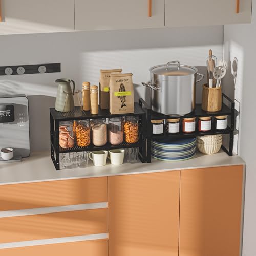 Expandable,Adjustable & Stackable Spice Rack, Cabinet Kitchen Countertop Shelf Organizer,Metal Pantry Storage Shelves - Space-Saving Storage Solution(2Packs/Black/Medium) - color: Black, size: 2PACKS/BLACK/MEDIUM