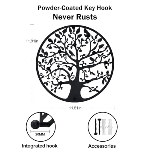 Round Decorative Home Key Holder Wall Mount, Metal Tree Car Key Rack for Wall Organizer for Keys, Wallets, Hats, Used for Decor for House Entryway, Kitchen, Garage, Office (12" Black) - color: 12" Black