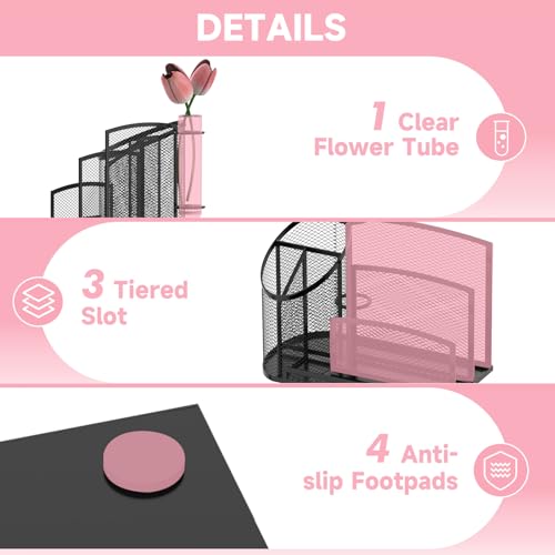 SUPEASY Desk Organizer with 3 Compartment Pen Holder, 3-Slot Mail Organizer and Flower Tube, Metal Mesh Bill Organizer for Pencil, Envelope, Letter and Office Supplies, Black - color: Black with Pen Holder