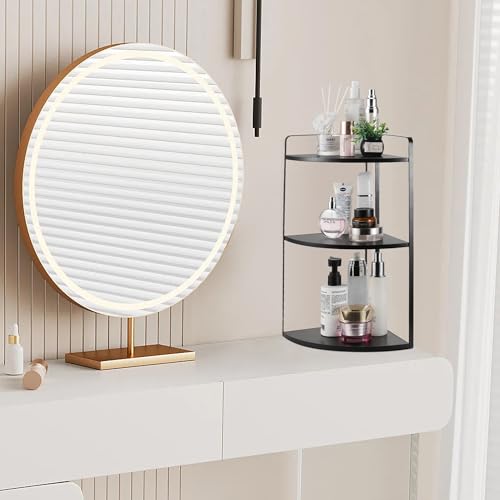 3 Tier Corner Bathroom Counter Organizer, Countertop Organizer, Makeup Organizer Countertop, Bathroom Storage Sink Shelf, Wooden and Metal Counter Shelf (Large Capacity-Black) - color: Black