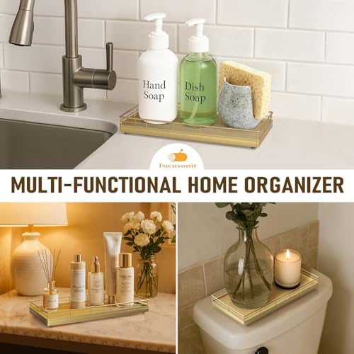 Bathroom Vanity Tray for Countertop, 12" x 6" Oak Wood Toilet Tank Tray with Metal Guardrail, Bathroom Organizer for Soap, Perfume & Skincare, Non-Slip Decorative Tray for Dresser & Vanity, Gold - color: All Golden, size: 12" x 6" x 1.5"