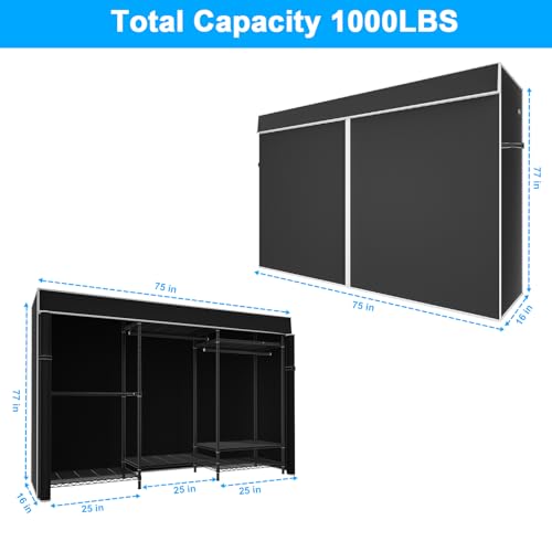 Ulif E13C Pro Heavy Duty Closet Organizer System，Freestanding Clothing Racks for Hanging Clothes，Adjustable Garment Rack 75" W x16 D x77 H Hold 1000lbs，Black Rack with Black Dustproof Cover - color: Black Rack with Black Cover, size: E13C Pro