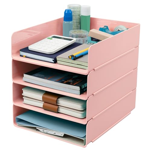 Tiawudi Desk Organizer, Office Organization and Storage, Plastic Letter Tray, Stackable File Organizer for Classroom, Home, Documents, Notes, Folders, Books and Pens, 4 Tier - color: Pink