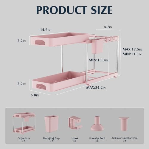 VERIFOST Under Sink Organizer, 2 Pack Kitchen and Bathroom Cabinet Organizer, 2 Tier Adjustable Height Storage, Pink - color: Pink