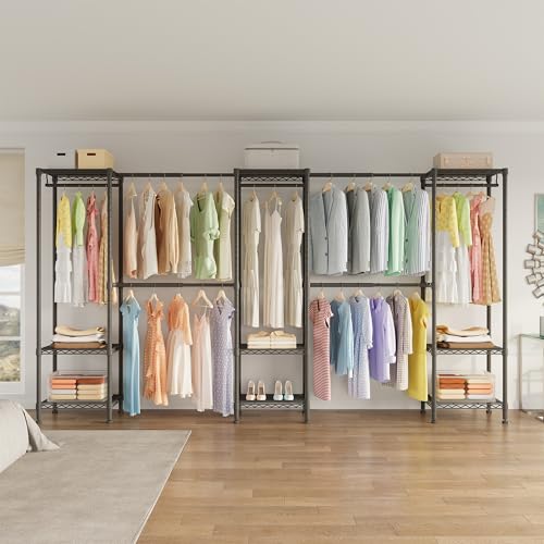 Higeego H11 Large Clothing Rack for Hanging Clothes Heavy Duty Garment Rack, Freestanding Wardrobe Closet Organizer and Storage with Expandable Hanger Rods, Extendable from 7.8 to 10.8 ft, Black - color: Black, style: 5 Row
