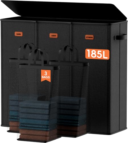 185L Laundry Hamper 3 Section, Laundry Hamper with Lid, Dirty Clothes Hamper with 3 Removable Washing Bags, Extra Large Laundry Basket Organizer for Bedroom, Laundry Room, Dorm - Black - color: Black, size: 185L - 3 Section