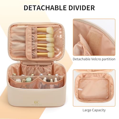 OCHEAL Beige Makeup Bag,Travel Makeup Organizer Bag, Large Capacity Cosmetic Bags For Women Large Travel Toiletry Bag Girls Traveling With Brush Slot And Divider-White - color: 0020_Beige, size: Medium