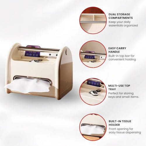 Tissue Box Cover Rectangular with Storage Tray, Multifunctional Facial Tissue Holder and Desk Organizer Napkin Holder - Phone Holder for Car Bathroom Office Living Room Bedroom - White - color: Cream White