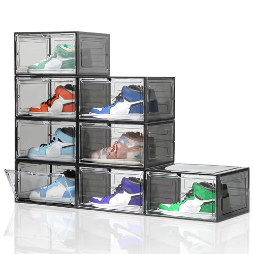 Attelite Shoe Box, Upgraded Large Clear Shoe Storage Box Stackable, 8 Pack Thicken Plastic Shoe Containers, Drop Front Large Magnetic Door,Shoe Storage Organizer for Display Sneakers - color: Black clear, size: L-8-pcs-Large magnetic door