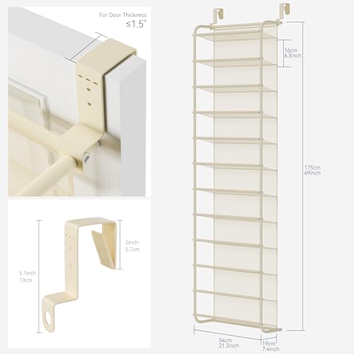 Whitmor 36 Pair Over The Door Shoe Organizer, 12 Tier Hanging Shoe Organizer, Heavy Duty Metal & Mesh Shoe Holder, Hanging Shoe Rack for Closet Organizer & Storage, 69"L x 21.7"W x 7.5"H, Beige - color: Beige, size: Shoe Rack