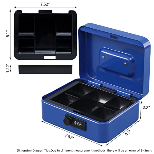 KYODOLED Cash Box with Combination Lock,Safe Metal Box for Money,Storage Lock Box with Money Tray,7.87"x 6.30"x 3.54" Blue Medium - color: Blue, size: Medium