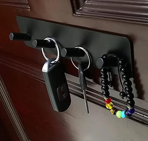 Key Holder for Wall - Adhesive Key Hooks with 4 Hooks, Heavy Duty Stainless Steel, Black, No Screw Holes