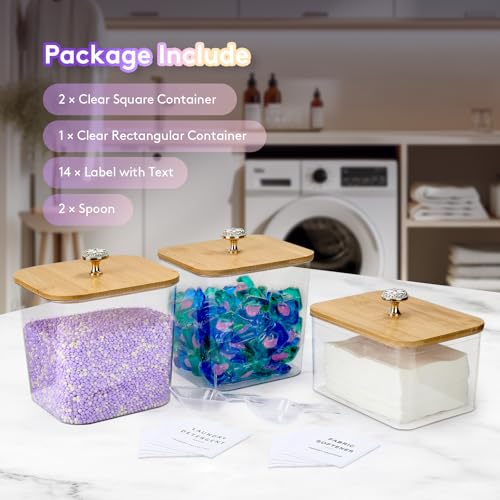POLRAI 3 Pack Laundry Pod Containers and Dryer Sheet Holder, Laundry Room Organization Storage Containers with Lids and Labels for Detergent Pods Dry Sheet Organizing - color: Natural, size: 2+1 Pack