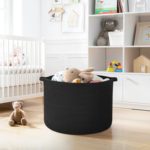 Large Black Blanket Basket, 22"x14" Woven Cotton Rope Baskets for Organizing, Kids Dog Toy Bin Box, Large Wicker Blanket Storage for Living Room, Throw Pillow Holder Organizer, Shoe Towel Bin - color: Black