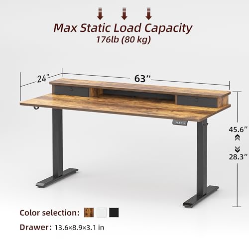TIQLAB Standing Desk with Two Drawers, Stand Up Standing Desk Adjustable Height, Electric Sit Stand Table with Storage Shelf and Splice Board, 63 * 24 inch, Rustic Brown - color: Rustic Brown, size: 63*24 inch without keyboard tray