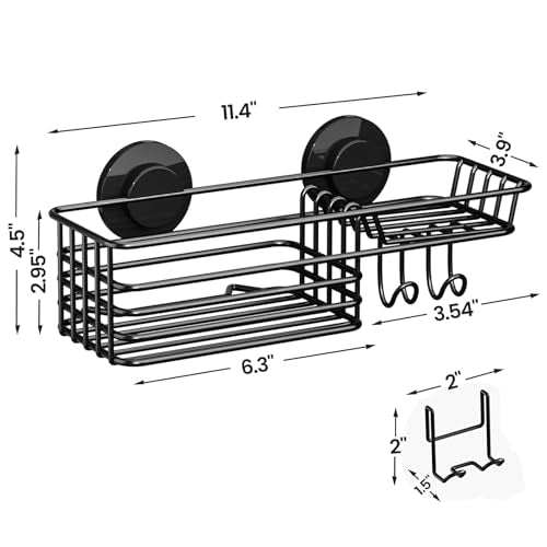 LEVERLOC Shower Caddy Suction Cup, Suction Caddy with Hooks and Soap Holder for Bathroom, No-Drilling Bathroom Shower Organizer, Black - color: Black, size: 1 × Medium