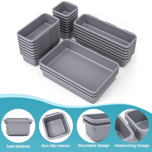 25 PCS Drawer Organizer Set, 4 Size Makeup Drawer Divider Organizer With Non-Slip Pads, Interlocking Plastic Storage Bins for Office,Jewelry Vanity,Gadgets, Bathroom,Kitchen, Grey - color: Grey, size: 25Pack