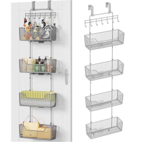 HapiRm Over The Door Organizer - Hanging Door Organizer with 4 Metal Large Capacity Baskets and Adjustable Coat Hook for Bathroom Bedroom Kitchen Pantry Closet Cabinet - color: Grey