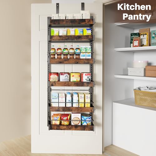 6 Tier Over The Door Pantry Organizer, 2 IN 1 Wall Mount or Metal Hanging Spice Rack for Pantry Organizers and Storage, Seasoning Shelves，Adjustable Basket with Hooks for Kitchen Cabinet and Closet - size: 6 Tier