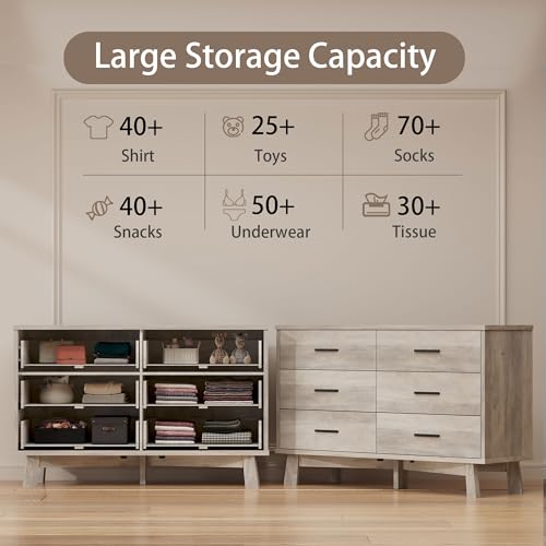 Xixini Dresser for Bedroom, 6 Drawer Wide Modern Chest of Drawers with X-Shaped Sturdy Base, Wood Double Dresser Closet Clothes Storage Organizer, Wooden TV Stand for Living Room, Hallway, Grey - color: Grey, size: 15.6"D x 47.2"W x 29.5"H (6 Drawers)