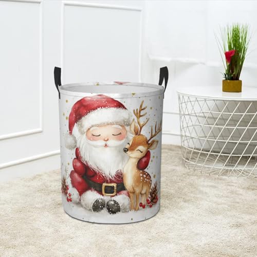 Santa Claus and Deer Laundry Basket Foldable Laundry Hamper with Handles Clothes Storage Bin for Household Bedroom Bathroom Dorms 17.3"x13.6" - color: Santa Claus and Deer