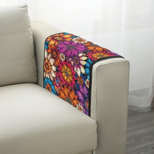 Boho Mandala Floral Print Couch Arm Covers with 2 Organizer Pockets Soft Couch Protector Anti-Slip Slipcovers for Pet Armchair, Loveseat, Recliner - color: Boho Mandala Floral