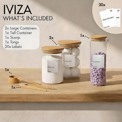 IVIZA Glass Laundry Detergent Dispenser & Storage Set – Liquid Detergent Pump, Fabric Softener Dispenser, Laundry Powder Jar & Dryer Sheet Holder – Complete Laundry Organization Set