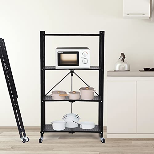4-Tier Heavy Duty Foldable Metal Rack Storage Shelving Unit with Wheels Moving Easily Organizer Shelves Great for Garage Kitchen, Black - color: Black, size: 4-Tier