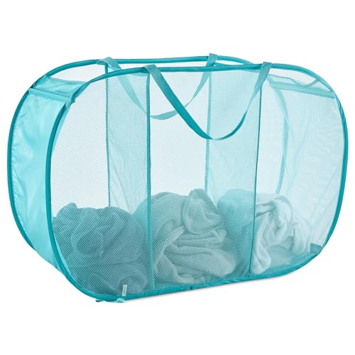 Seiritex Mesh Popup Laundry Hamper 3 Compartment Sortable Horizontal Collapsible Laundry Basket for Clothes Laundry Room Bedroom Toys Travel (Turquoise Blue) - color: Turquoise 3-compartment
