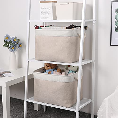 Bidtakay Beige Storage Basket Large Fabric Cloth Baskets [2-Pack] Tall Rectangular Shelf Baskets 16X11.8X11.8 in Canvas Collapsible Storage Bins with Handles for Organizing Living Room(White&Beige) - color: White&Beige, size: 2 Pack-L-16x11.8x11.8 In