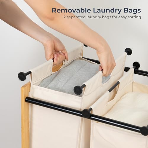 STO STO 2-Section Laundry Sorter with Bamboo Frame, Rolling Laundry Hamper Basket with Removable Bags and Lockable Wheels, Laundry Cart for Clothes Storage in Bedroom & Laundry Room, Beige - size: 2-Section