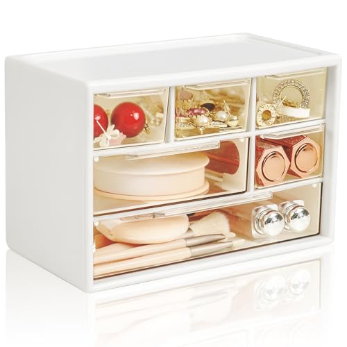 Mini Desk Storage Organizer with 6 Drawers, FODIENS Stackable Desktop Craft Drawer Cabinet, Clear Storage Box Caddy for Makeup Jewelry Office Craft Supplies (White) - color: White