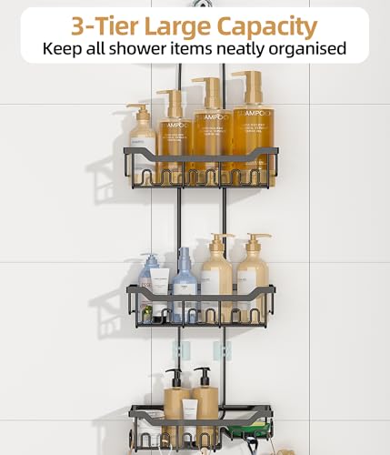Adjustable Shower Caddy Hanging, Extended Length Organizer Over Shower Head, 3 Tier Long Neck Shower Rack with Soap Holder for Large Storage, Black - color: Black - 3 Tier - Standard