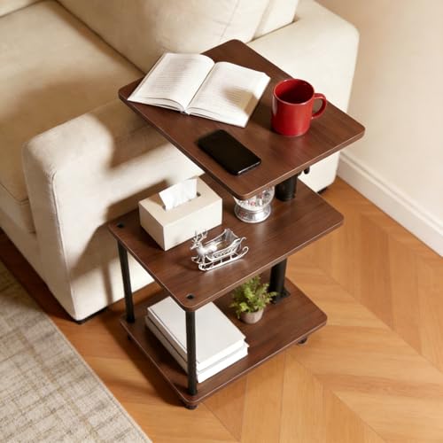 360° Swivel Side Table with Storage, Height Adjustable, Smooth-Rolling Wheels, C-Shaped End Table for Couch/Sofa, Recliner, Living Room, Walnut-Look - color: Walnut - Look