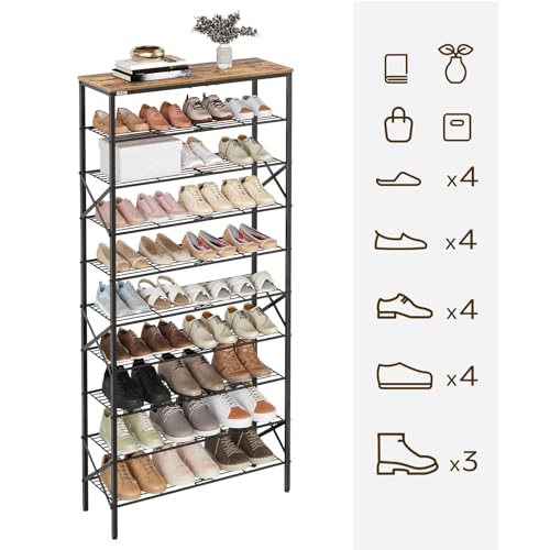 YATINEY 10 Tier Shoe Rack, Large Capacity Shoe Storage Organizer Holds 40 Pairs, Sturdy and Stable, for Entryway, Hallway, Closet, Dorm Room, Rustic Brown SS10BR - color: Rustic Brown + Black, size: 27.8" x 10.8" x 65.7"