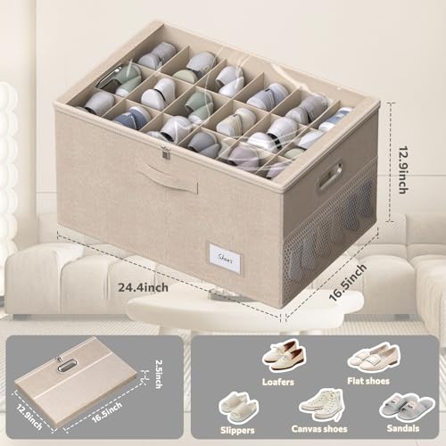 Shoe Organizer for Closet, Shoe Box Storage Containers Fit 18 Pairs Foldable Shoe Storage Bins with Clear Cover & Adjustable Dividers for Shoes Blankets Linen Clothing (Beige, (24.4*16.5*12.9)x1) - color: Beige, size: (24.4*16.5*12.9)x1