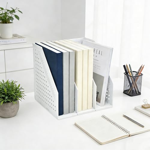 SAYEEC 2Pcs Collapsible Plastic Magazine File Holder Vertical Binder Storage Organizer for Desk Sturdy Upright Desktop Magazine Organizer Folder Rack for Office School Home (3 Compartments, Gray) - color: 2Pcs Gray (3 Compartments)